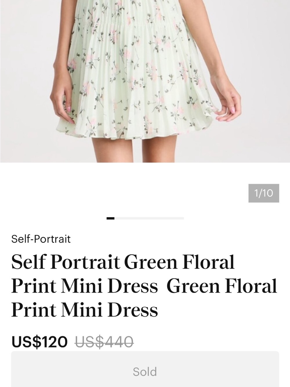 Brand New Self-Portrait Mint Green Floral Pleated Mini Dress